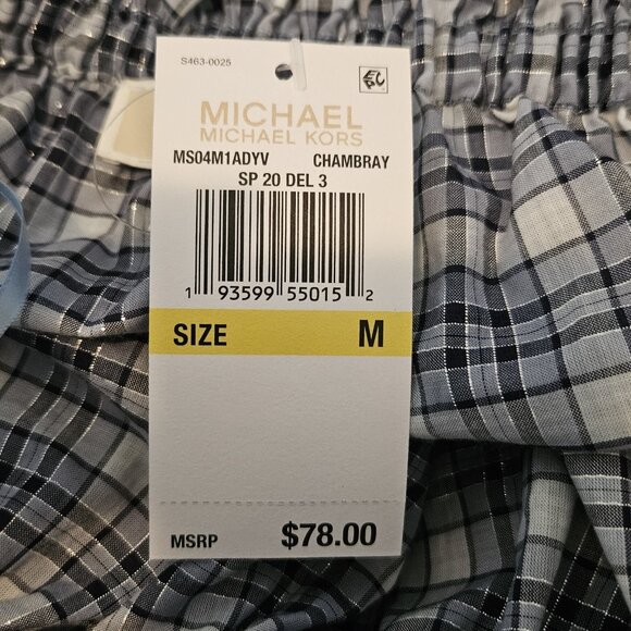 Michael Kors Blue Chambray Plaid Off Shoulder Relaxed Top Womens Medium New - Picture 4 of 4